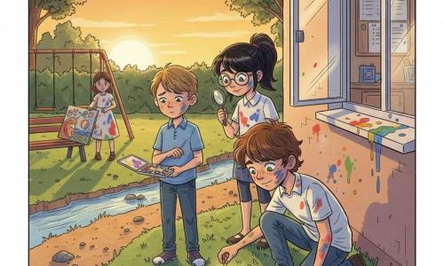 A determined, curious 12-year-old boy Ollie with paint-speckled face, messy brown hair and bright green eyes crouches to pick up a small gold medallion in the grass; 12-year-old Mia, focused and mischievous with black hair in a ponytail and round glasses, holds a magnifying glass over the medallion and peers over Ollie's shoulder; 12-year-old Danny, hesitant and remorseful with light brown hair, stands to Ollie's left holding a small paint box and looking down; about 13-year-old Jessica, embarrassed but relieved in a paint-stained simple dress, gently sets a large rolled painting beside a bench in the background; schoolyard at dusk with gravel, green grass, swings, distant tree hedge and an art room window slightly open with paint splatters on the sill; the young investigators have found a golden clue near the courtyard stream, dynamic composition, expressive poses, gazes drawn to the object, warm orange light and a friendly suspenseful mood.