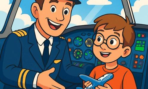 A male pilot, Captain Elliot Foster, smiling and confident, wears a navy blue uniform with golden epaulettes. His eyes shine with excitement as he stands in the cockpit of an airplane, surrounded by colorful buttons and levers. Next to him is a young boy named Ben, around 8 years old, with brown hair and round glasses, gazing in awe at the flight instruments, holding a small toy airplane in his hands. The cockpit is filled with light, with large windows offering a spectacular view of white clouds and a sunny blue sky. The main scene shows the pilot enthusiastically explaining how the airplane works to Ben, who is captivated by this magical flying experience.