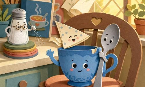 The main character is a small blue porcelain cup (anthropomorphized) with a round belly, a tiny chip on the rim, a simple drawn face (two round eyes and a smiling mouth) and an expression both determined and slightly shy; she sits center on a wooden chair and makes a small waving gesture. Secondary: a shiny silver spoon (anthropomorphized) with a straight handle like an arm, proud and protective, hooked under the cup's chip and leaning forward to help her wave, beside the cup on the chair. Secondary: a small triangular folded cream polka-dot napkin, cheerful and fluttering, placed on the cup's rim like a little flag. Secondary: a small glass salt shaker on the counter (wise object), gently shaking as if whispering advice, in the background left near a stack of coasters and cookbooks. Setting: a cozy paper‑cut kitchen with a paned window admitting a golden sunbeam, a brown wooden chair with a soft cushion, a light counter, stacks of smooth coasters and illustrated soup-pattern books, and a light moving curtain. Main situation: the cup attempts a small wave toward the distant horizon visible through the window; whimsical, comic mood, measured gentle gestures, pastel colors and obvious paper‑cut textures, composition centered on the cup waving with the spoon and napkin assisting.