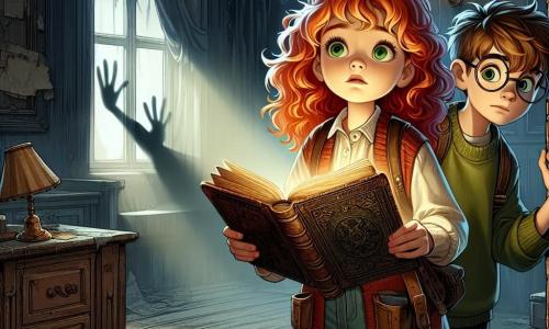 In the center of the image, a 12-year-old girl, Clara, stands in an old dusty room, her bright red hair falling in messy curls around her face. She has bright green eyes filled with wonder and apprehension as she holds an old open book in her hands, its yellowed pages gently fluttering in the air. Her expression shows a mix of curiosity and fear as she looks around.

Next to her, her best friend Max, a 12-year-old boy with messy brown hair and round glasses, looks on with a worried expression. He stands slightly back, his hand resting on an old dresser as if seeking support. His gaze is fixed on a shadow in a corner of the room, adding palpable tension to the scene.

The room is an old hall of Hawthorne House, with dark wooden walls, cobwebs in the corners, and a dusty chandelier hanging from the ceiling. Furniture covered with white sheets is scattered around, creating a mysterious and slightly eerie atmosphere, while dim light filters through a broken window, casting dancing shadows on the floor.

The main situation shows Clara and Max discovering an ancient book of letters in this dark room, as a mysterious shadow seems to loom behind them, creating a sense of urgency and mystery.