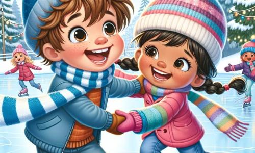 A 9-year-old boy named Oliver, with messy brown hair and rosy cheeks from the cold, smiles joyfully while skating on a frozen lake. He wears a bright blue hat and a striped scarf, his eyes sparkling with happiness. Beside him is his best friend Mia, a 9-year-old girl with braided blonde hair, laughing as she tries to maintain her balance on her skates, dressed in a pink jacket and colorful gloves. The setting is a beautiful winter landscape, with trees covered in sparkling snow, gentle snowflakes falling from the light gray sky, and twinkling lights hanging from the branches. In the background, children are playing and skating, creating a festive and joyful atmosphere. The main scene shows Oliver and Mia helping each other, their hands reaching out as they glide on the ice, surrounded by laughter and joy, illustrating the spirit of friendship and sharing in winter.