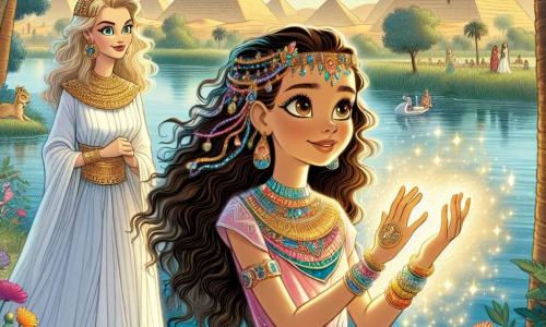 Amina, a young Egyptian girl of about 10, stands by the great Nile with a curious and amazed expression on her face. She has long curly hair blowing in the wind, a colorful dress adorned with floral patterns, and she holds an ancient tablet in her hands, illuminated by a soft golden light. Beside her, Cleopatra, a majestic woman of about 30, wears an elegant white linen dress adorned with sparkling jewelry. She stands gracefully, a kind smile on her face, watching Amina with pride. In the background, the landscape is filled with lush palm trees, vibrant flowers, and the majestic river reflecting the blue sky. Pyramids rise in the distance, adding a touch of mystery to the scene. The main focus shows Amina discovering the magical power of the tablet, surrounded by shimmering light, symbolizing the beginning of her incredible adventure through time.
