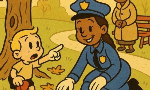 O femeie polițist zâmbitoare și binevoitoare, păr șaten împletit, palton albastru cu insignă aurie, îngenuncheată să caute o miledă minge roșie cu buline albe sub frunze; un băiat de circa 5 ani, păr blond scurt, lacrimi uscate, ține o pălărie roșie mică, stă în stânga și arată spre un copac; o femeie în vârstă de ~75 de ani, păr gris în coc, palton bej, stă în spate lângă o bancă, privire calmă și recunoscătoare; parc însorit cu iarbă verde, copac mare cu trunchi noduros, covor de frunze portocalii și galbene, bancă de lemn roșie și alee pavata; polițista găsește mingea și i-o întinde băiatului care zâmbește; scenă caldă și simplă, siluete rotunjite, trăsături moi, culori pastel saturate și contururi negre groase în stil desen animat retro.