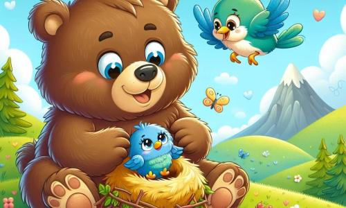 A brown bear, Benny, with soft fur and sparkling eyes of joy, is sitting on a green hill, holding a lovely nest made of twigs and leaves. He smiles, showing his happiness of being with his friend. Next to him, a little blue bird, Bella, with shiny feathers and a yellow beak, joyfully flies around the nest, her eyes bright with excitement. The setting is a sunny meadow dotted with colorful flowers, with a clear blue sky and a few fluffy white clouds. In the distance, gentle mountains outline the horizon, adding a touch of magic to the scene. The main situation shows Benny and Bella celebrating their friendship by building a nest together, surrounded by the beauty of nature, symbolizing happiness and cooperation among friends.