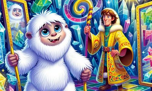 Un joven yeti de pelaje blanco y suave, con ojos brillantes y curiosos, se encuentra en el centro de un laberinto de espejos brillantes. Su expresión es determinada y asombrada mientras observa los reflejos coloridos a su alrededor. A su lado, un maestro enigmático, un hombre de unos 60 años, lleva una túnica multicolor que cambia de forma. Sonríe con benevolencia, sosteniendo un bastón luminoso que ilumina el camino. El laberinto está compuesto por espejos con bordes dorados, reflejando luces brillantes y patrones encantadores, mientras hojas de cristal brillan sobre ellos. La escena principal muestra al yeti listo para resolver un último enigma para liberar a una criatura mágica, rodeado de reflejos danzantes y colores vibrantes.
