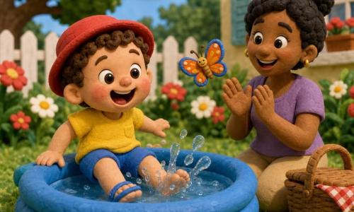 A joyful 2-year-old boy with a round red hat, blue sandals and a yellow tee dips his toes into a small inflatable blue pool, splashing water with a big smile; his mother, about 30, smiles and claps nearby with a wicker picnic basket on the grass, while an orange-and-blue butterfly hovers above the pool in a bright summer garden with green lawn, red and white flowers, a white fence and a house with blue shutters.