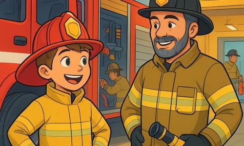 Un joven llamado Mateo, de unos 10 años, lleva un gran casco de bombero brillante y un pesado abrigo ignífugo. Su rostro está iluminado por una sonrisa de emoción y sus ojos brillan de curiosidad. Está de pie junto a un enorme camión de bomberos rojo, con las manos en las caderas, listo para la aventura. A su lado, el Jefe Ramírez, un hombre de unos cuarenta años con barba canosa, viste un uniforme de bombero y un casco. Le sonríe cálidamente a Mateo mientras le muestra el material de rescate. La escena tiene lugar en una estación de bomberos animada, con paredes amarillas brillantes, equipos de rescate relucientes y luces intermitentes. Los bomberos se afanan alrededor, revisando las mangueras y preparando el camión para una intervención. La situación principal muestra a Mateo, lleno de entusiasmo, listo para descubrir el fascinante mundo de los bomberos, mientras suena una alarma al fondo, añadiendo un toque de urgencia a la emoción de este día especial.