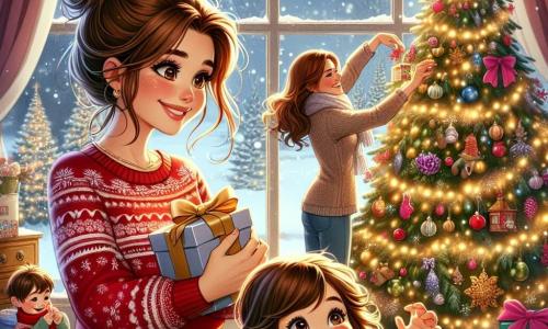 Una niña de 9 años, Clara, con largos cabellos castaños y ojos brillantes de alegría, está frente a un hermoso árbol de Navidad decorado con guirnaldas brillantes y bolas de colores. Sonríe con asombro, sosteniendo un regalo en sus manos, lista para abrirlo. A su lado, su madre, una mujer de unos treinta años con cabello castaño recogido y un suéter rojo festivo, coloca delicadamente galletas navideñas sobre la mesa, añadiendo un toque cálido a la escena. En un rincón, su hermanito Miguel, de 5 años, con mejillas redondas y gafas, se divierte lanzando bolas de nieve por la ventana, riendo a carcajadas. La habitación está llena de luz suave, con copos de nieve cayendo afuera, creando un ambiente mágico y acogedor. La situación principal muestra a Clara, llena de emoción, lista para descubrir la magia de la Navidad al abrir su regalo, rodeada de su familia en su casa decorada para las fiestas.