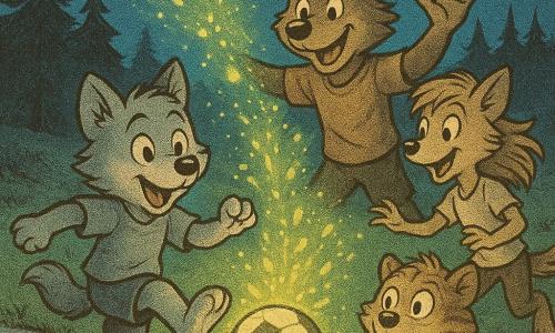 Leo, un cucciolo di lupo grigio dal pelo soffice e occhi vivaci, sorpreso e gioioso mentre dribbla e calcia un pallone con una piccola bottiglia luminosa attaccata; Max, un lupo più grande dal pelo bruno, sorridente e fiero dietro di lui; Mia, una lupetta snella dal pelo beige che corre ridendo verso il pallone; Tito, un cucciolo tigrato accovacciato che tiene la bottiglia che si rompe: la bottiglia esplode in una nuvola di lucciole gialle e verdi che riempiono il campo di tracce scintillanti. Il campo è un piccolo prato irregolare circondato da pini scuri e un ruscello argentato a sinistra, sotto un cielo crepuscolare blu profondo punteggiato di stelle nascenti; la scena cattura l'istante magico in cui la luce delle lucciole inonda il terreno e gli amici ridono insieme.