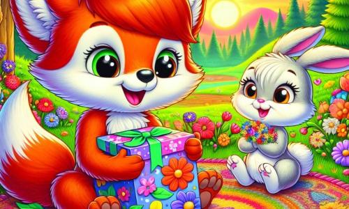 Un piccolo volpe dai peli rossi e dalla coda folta, di nome Leo, è seduto su un tappeto di fiori colorati, con un grande sorriso gioioso sul volto. Tiene un grande cartone decorato con disegni di fiori multicolori, mostrando il suo amore per la mamma. Accanto a lui, una piccola coniglietta dalle grandi orecchie, Lilli, con un pelo morbido e bianco, guarda Leo con occhi scintillanti di eccitazione, tenendo un braccialetto fatto di fiori di campo. Sullo sfondo, una foresta verdeggiante illuminata dalla luce dorata del sole al tramonto, con alberi maestosi e uccelli cantanti, crea un'atmosfera calda e gioiosa. La scena mostra Leo e Lilli che preparano una sorpresa per la festa della mamma, piena di risate e felicità, circondati dalla bellezza della natura.