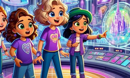 Cuatro chicas, de aproximadamente 10 años, están en el centro de una sala circular futurista. Lola, con cabello rizado castaño y una camiseta morada, observa asombrada un holograma brillante frente a ella. Mia, con cabello rubio y un vestido rosa, señala un panel de control lleno de botones de colores. Carla, con cabello negro y una gorra verde, examina un holograma de la ciudad de Nubealuz, con los ojos muy abiertos. Finalmente, Sofía, con cabello castaño y jeans, toma notas en un pequeño cuaderno, concentrada en los descubrimientos de sus amigas. La sala es inmensa, con paredes de metal brillante y luces de neón de todos los colores que bailan en las superficies. Hologramas flotan a su alrededor, proyectando imágenes de la ciudad futurista, con rascacielos brillantes y coches voladores. Las chicas acaban de descubrir un centro de control secreto que podría contener misterios sobre su ciudad. Están emocionadas por explorar más y resolver el misterio de los puntos rojos en el plano holográfico.