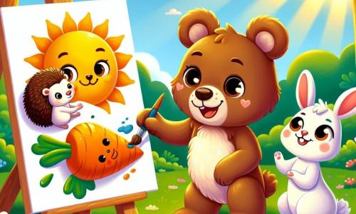 Un piccolo orso bruno dagli occhi scintillanti e dal sorriso radioso sta dipingendo un grande sole giallo su una tela, seduto sull'erba verde di una radura soleggiata. Ha macchie di vernice sulle zampe ed è molto felice, immerso nella sua attività creativa. Accanto a lui, una piccola coniglietta dalle grandi orecchie e dal pelo bianco sta dipingendo una carota gigante con colori vivaci, mostrando un sorriso gioioso. Un piccolo riccio dai pungiglioni morbidi e dal viso curioso osserva il dipinto dell'orso con ammirazione, gli occhi brillanti di entusiasmo. La scena si svolge in una radura luminosa, circondata da alberi maestosi con foglie verdi brillanti, con fiori colorati che danzano dolcemente sotto la brezza estiva. I tre amici si divertono insieme in un'attività di pittura al campo estivo degli animali, pieni di entusiasmo e creatività, condividendo risate e momenti di gioia.