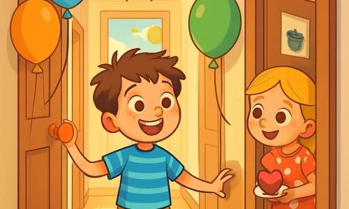Lupito, um garotinho de cabelos castanhos bagunçados e olhos curiosos, está no meio de um corredor iluminado, com um grande sorriso no rosto. Ele usa uma camiseta listrada azul e um short amarelo, admirando os balões coloridos pendurados nas portas. Sua irmãzinha, uma menina de cabelos loiros trançados e bochechas rosadas, se esconde atrás da porta da cozinha, com os olhos brilhando de excitação, pronta para surpreender o irmão. Ela veste um vestido de bolinhas vermelhas e segura um pequeno bolo em forma de coração. O corredor é decorado com guirlandas de papel colorido, com raios de sol filtrando pela janela, iluminando o espaço com uma luz dourada. Balões flutuam no teto, criando uma atmosfera festiva e alegre. Lupito, intrigado e feliz, está prestes a abrir a porta da cozinha, onde o delicioso aroma de framboesas o atrai, sem saber que uma surpresa o aguarda atrás dessa porta.
