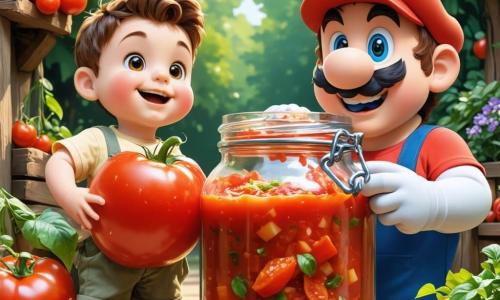 Pipo, un piccolo pomodoro rosso con una pelle lucida e occhi scintillanti, si trova al centro della scena, sorridendo con orgoglio mentre tiene un grande barattolo di salsa tra le sue piccole mani. È pieno di eccitazione e amore per il suo papà. Accanto a lui, Mario, un uomo alto con un sorriso caloroso e un grembiule da giardiniere, osserva il barattolo con occhi meravigliati, il suo volto radioso di gioia e orgoglio. Sullo sfondo, la saggia Nonna Melinda, una bella mela rossa con foglie verdi, sorride dolcemente, seduta su una sedia di legno, guardando la scena con tenerezza. Il luogo è un giardino incantevole, pieno di fiori colorati, verdure fresche e alberi da frutto, sotto un cielo blu chiaro punteggiato di nuvole bianche e soffici. La situazione principale mostra Pipo che offre orgogliosamente il suo regalo a Mario per la festa del papà, circondato dai suoi amici frutti e verdure, tutti celebrando insieme con sorrisi e risate, creando un'atmosfera gioiosa e festosa.