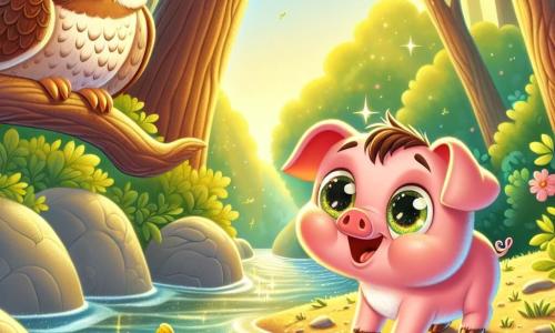 Ein kleines rosa Schweinchen namens Pummelchen, mit großen funkelnden Augen und einem fröhlichen Lächeln, steht am Ufer eines großen schimmernden Flusses, seine kleinen Füße im Wasser, und schaut begeistert den bunten Fischen beim Schwimmen zu. In der Nähe sitzt eine weise alte Eule mit braunen Federn und runden Augen auf einem Ast und beobachtet Pummelchen wohlwollend. Die Szenerie ist ein grüner Wald, durchflutet von goldenem Licht, mit großen Bäumen und glänzenden Blättern sowie bunten Blumen am Wegesrand. Pummelchen, voller Aufregung, hat gerade den großen Fluss entdeckt, ein Moment der Freude und des Staunens, bereit, sein Abenteuer mit seinen Freunden zu teilen.