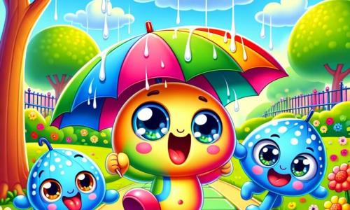 Ein kleiner Regenschirm namens Rudi, fröhlich und bunt, mit runden, glänzenden Augen, tanzt auf einem sonnigen Weg in einem Park. Neben ihm lacht ein kleiner Regenschirm namens Lily, blau mit weißen Punkten, während sie im grünen Gras springt, ihre Augen vor Glück strahlend. Ein großer gelber Regenschirm namens Maxi, mit einem enthusiastischen Ausdruck, steht auf einem Baumstamm und ist bereit, die Arme im Gleichgewicht zu schwingen. Der Park ist voller leuchtender Blumen, großer grüner Bäume und eines klaren blauen Himmels mit flauschigen weißen Wolken. Rudi und seine Freunde haben Spaß und schaffen fröhliche Erinnerungen unter der Sommersonne.