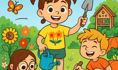 Una ragazza di 8 anni, Sofia, con capelli castani raccolti in due codini, sorridente e piena di entusiasmo, si trova al centro, tenendo un piccolo annaffiatoio blu. Indossa una maglietta gialla con girasoli e pantaloni corti verdi, i suoi occhi brillano di gioia. Accanto a lei, Marco, un ragazzo di 8 anni con capelli biondi spettinati e ginocchia sbucciate, ride mentre tiene una pala, mentre Giulia, una ragazza di 8 anni con occhiali rotondi e capelli castani, osserva un lombrico con curiosità, accovacciata vicino a un piccolo pezzo di terra. Il luogo è un giardino comunitario vibrante di colori, con fiori brillanti, ortaggi verdi e un cielo azzurro chiaro punteggiato di nuvole bianche. Strumenti da giardinaggio sono sparsi attorno a loro, e una piccola casetta per insetti si erge sullo sfondo. La scena principale mostra Sofia e i suoi amici mentre piantano semi di girasole nella terra, circondati da risate ed eccitazione, mentre una farfalla colorata vola intorno a loro, aggiungendo un tocco magico a questa gioiosa scena estiva.
