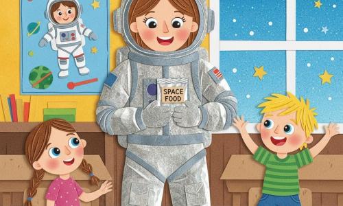 Miss Stella, a smiling, amazed astronaut in a shiny silver spacesuit made of layered textured paper, shows a small packet of 