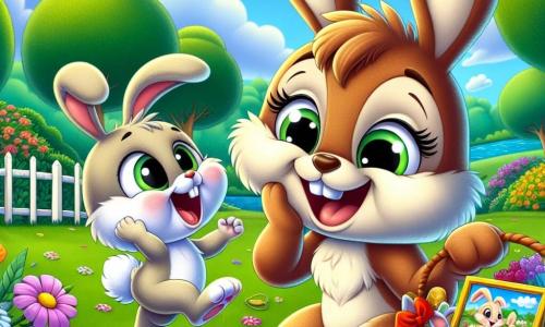 In the center of the image, Benny the Bunny, a small rabbit with large ears and soft, fluffy fur, jumps for joy with a big smile on his face. His eyes shine with excitement as he holds a basket filled with colorful flowers and delicious treats. To his right, Momma Bunny, a gentle rabbit with affectionate eyes and brown fur, looks at her little one with an emotional smile, her drooping ears revealing her joy. She is surrounded by memories, holding a photo of the two of them, filled with tender moments. The setting is a sunny park, with majestic trees and bright green leaves, a blue sky dotted with fluffy white clouds, and a carpet of colorful wildflowers dancing in the gentle breeze. The scene captures the magical moment when Benny reveals to Momma Bunny the surprise picnic he has organized for Mother's Day, surrounded by their animal friends, all gathered to celebrate love and joy.