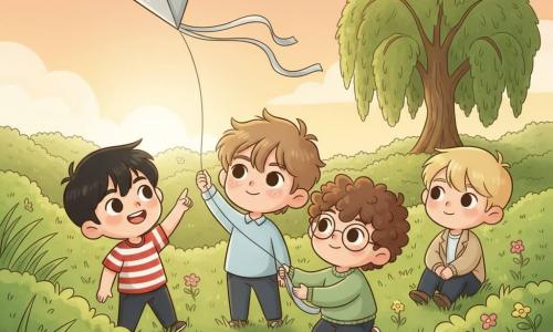 Four boys about 10 years old stand together in a sunlit meadow at sunset: Eliot, center, light chestnut messy hair and freckles, pale blue shirt, gently holding a silver kite repaired with visible stitches and looking at the sky; Milo, left of Eliot, short black hair, mischievous smile, red-and-white striped T-shirt, laughing and pointing at the kite; Sami, right of Eliot, curly brown hair, round glasses, soft green sweater, kneeling and touching the kite’s tail as if admiring it; Tom, slightly back to the right, blond hair, calm expression, beige jacket, sitting on the grass watching attentively. Tall tussocky grass with pink and yellow wildflowers, a weeping willow in the background, an orange-pink gradient sky with soft clouds and a breeze bending the grass; the repaired silver kite with visible seams and a small silvery scar drifts above them, bathing the scene in warm golden light and a mood of pride, friendship, and quiet resilience.