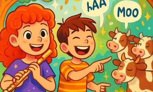 A 10-year-old girl, Poppy, with curly red hair, wears a purple dress adorned with sparkling stars. She has a radiant smile and sparkling eyes of excitement, holding a golden flute in her hands. Next to her is her friend Oliver, a 10-year-old boy with messy brown hair and a striped t-shirt, joyfully laughing while pointing at a group of cows that seem to be singing in harmony. The setting is an enchanted clearing surrounded by twisted trees with colorful leaves, where shining crystals sparkle in the sunlight. Flecks of light dance around them, creating a magical and joyful atmosphere. The main scene shows Poppy and Oliver playing the flute, surrounded by cows making melodic "moo" sounds, while laughter resonates in the air, illustrating the playful and fantastic spirit of their adventure.