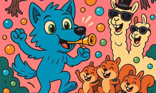 A small wolf with bright blue fur and sparkling green eyes, Wally, joyfully dances on a marshmallow floor, his face beaming with excitement and happiness. He blows into a golden whistle, surrounded by colorful bubbles floating around him. Next to him, a group of small squirrels with bushy tails and mischievous eyes jump for joy, their faces lit up with playful smiles as they bounce on the marshmallow. A three-headed llama, wearing sunglasses and a top hat, stands in the background, laughing enthusiastically and ready to join the dance. The setting is a floating forest, where trees grow upside down and the sky is a bright pink, dotted with singing fish flying overhead. The scene captures the energy of a bubble ball, where all the characters are having fun together in a playful and absurd atmosphere.