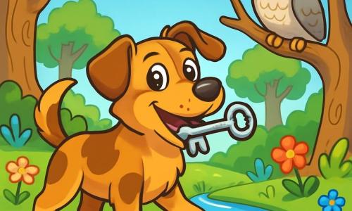A dog named Bramble, with a patchwork coat of browns and gold, stands happily by a sparkling stream. His eyes, sparkling with curiosity and excitement, shine in the sunlight as he holds a silver key in his mouth. Nearby, a wise owl named Willow, with soft gray feathers, perches on a branch, watching Bramble with a kind gaze. The setting is an enchanted forest, where majestic trees with gnarled trunks rise toward a bright blue sky, and colorful flowers dance in the breeze. The main scene shows Bramble discovering the magical key, ready to open the secret door to the wonderful world of the forest.