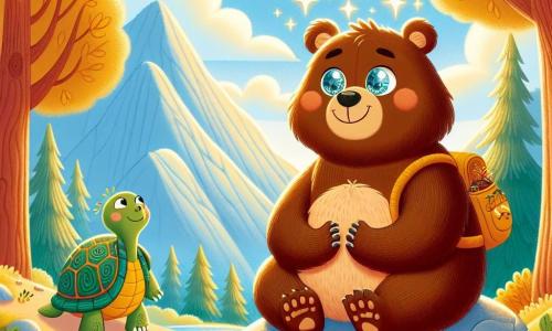 Bruno, ein kleiner brauner Bär mit funkelnden Augen und einem fröhlichen Lächeln, sitzt auf einem großen Felsen, die Augen geschlossen, und hört den sanften Klängen der Natur um ihn herum zu. Sein Fell ist weich und zerzaust, und er hat einen kleinen Rucksack voller Honig neben sich. In der Nähe bewegt sich Tilly, eine weise grüne Schildkröte mit einem bunten Panzer, langsam den Weg entlang, mit einem friedlichen Ausdruck im Gesicht. Sie schaut Bruno wohlwollend an, als würde sie ihm Unterstützung anbieten. Die Kulisse ist eine wunderschöne Berglandschaft mit majestätischen Bäumen mit goldenen Blättern, einem klarblauen Himmel, der mit flauschigen weißen Wolken gesprenkelt ist, und einem glitzernden Bächlein, das durch das Tal schlängelt. Die Hauptsituation zeigt Bruno, der meditiert und erkennt, dass das wahre „Licht“, das er sucht, in ihm selbst liegt, umgeben von der Schönheit der Natur und der Weisheit seiner Freunde.