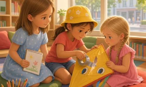 Drie meisjes: Linde, 6 jaar, schouderlang lichtbruin haar, lichtblauwe jurk met fijne witte stippen, links, houdt een schetsboek en kijkt geruststellend; Noor, 6 jaar, bruine paardenstaart, gele bloemenhoed, koraal T-shirt en spijkerbroekshort, midden, buigt voorover en plakt zilverkleurig plakband op de scheur van een vlieger; een meisje van 4 jaar rechts, blonde gevlochten haren, roze jurk met volants, zit op een kussen en houdt een gescheurde vlieger met getekende ogen, bedroefd maar nieuwsgierig kijkend. Locatie: lichte mediatheek met grote ramen, crèmekleurige muren, lage licht houten boekenplanken, kleurrijk kleed met rode en groene kussens, ronde tafel met wat kleurpotloden, zomerse straat en eikenbladeren buiten. Sfeer: warme, intieme scène met zachte gebaren, tedere reparatie van de vlieger, warme kleuren en zachte materialen.