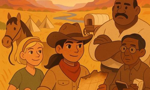 Het hoofdpersonage is een vrouwelijke cowgirl met vastberaden warme blik, gebruind gezicht, sproeten en bruine paardenstaart onder een versleten vilten hoed; ze staat op de voorgrond met een licht verschroeide opgerolde kaart in de ene hand en een lasso in de andere, leidend en beschermend voor de groep. Links staat Lila, een tiener amazone met korte blonde haren en een zelfverzekerde glimlach, die de teugels van haar paard vasthoudt en naar de horizon kijkt. Rechts staat Hank, breed en komisch met een gevlekte snor en armen over elkaar, beschermend en bezorgd bij watervaten. Verderop staat Doc, een oudere man met gerimpeld gezicht en bril, met een notitieboek en verband, peinzend bij een houten caravan. De scène speelt in een door de zon verschroeide prairievallei met golvend geel gras, enkele rode rotsen, een kronkelende rivier en een rij tenten; de compositie is dynamisch en samengebracht rond de cowgirl, sfeer van gespannen hoop, warme kleuren (oker, rood, lichtblauw) en texturen van verschroeid papier, leer en hout.