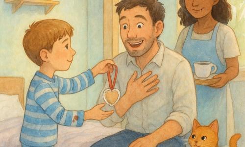 Een 8-jarige jongen, trots en een beetje verlegen, met kort lichtbruin haar en jamvlekken op de mouw, steekt op de tenen in de deuropening een scheef uitgeknipte kartonnen medaille toe; de vader (±35–40) met lichte baard en gekreukeld overhemd zit op de rand van het bed, verrast en ontroerd, neemt de medaille aan met een brede glimlach en een hand op het hart; de moeder (±30–35) staat iets achterin de deurpost, los haar en licht schort, houdt een dienblad met een kop thee en twee boterhammen en kijkt zacht; de roodharige kat Muis zit op de salontafel met een opgeheven poot en een kruimel bij de mond; de familiekamer is gevuld met ochtendlicht, pastelkleurige muren, een zacht verfrommelde deken, een klein plankje met kinderboeken en een open raam naar groen gebladerte; de scène toont een intieme, tedere overhandiging van een zelfgemaakte medaille met warme gezichten en kleine details als kruimels, jamvlekken en zichtbare kartonvezels in een rustige, liefdevolle sfeer.