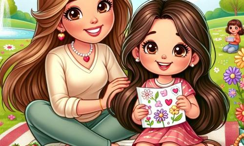 Una niña de 6 años, llamada Sofía, con largos cabellos castaños y ojos brillantes de alegría, está sentada sobre una manta de picnic con motivos rojos y blancos. Sonríe ampliamente, sosteniendo una tarjeta colorida llena de dibujos de flores y corazones. A su lado, su mamá, una mujer de unos 30 años con cabello castaño y una sonrisa cálida, mira a su hija con ojos llenos de amor. Está sentada con las piernas cruzadas, rodeada de deliciosos bocadillos como sándwiches y pasteles, y sostiene otra tarjeta que Sofía le ha hecho. El lugar es un parque verde, iluminado por una luz dorada, con árboles majestuosos y flores de colores que bailan suavemente al viento. En la distancia, se puede ver una fuente brillante y niños jugando en la hierba. La escena principal muestra a Sofía y su mamá compartiendo un momento tierno durante un picnic sorpresa por el Día de la Madre, con risas y gestos afectuosos, simbolizando el amor y la complicidad entre ellas.