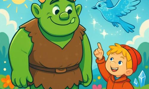Een imposante ogre met smaragdgroene huid, zachte ronde ogen en een brede vriendelijke glimlach staat in het midden van de scène, omringd door schitterende bloemen. Hij draagt een dierenhuid tuniek en versleten leren laarzen en kijkt verwonderd naar een jonge jongen. De jongen, ongeveer 10 jaar oud, heeft rommelig blond haar en roze wangen. Hij draagt een felrode jas en een wollen muts, en glimlacht vrolijk terwijl hij naar de lucht wijst. De scène speelt zich af in de prachtige Hemelse Tuin, een betoverende tuin vol kleurrijke bloemen, fonkelende ijscrystals en een stralende blauwe lucht. Zonnestralen verlichten het landschap en creëren een magische en warme sfeer. De ogre en de jongen bewonderen samen de legendarische ijsvogel met glanzende veren die gracieus boven hen vliegt en vonken van licht verspreidt.