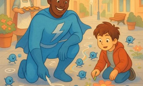 Un uomo, Fulmine Blu, sorridente e concentrato, volto caldo e occhi brillanti, indossa una tuta azzurra aderente con un grande fulmine argentato sul petto e una piccola mantella; è inginocchiato e traccia con gesso bianco percorsi sul marciapiede. Un ragazzo di circa 8 anni, Leo, capelli castani spettinati e giacca rossa, lo osserva meravigliato mentre colora un motivo di fiori a terra; è a destra, mezzo accovacciato. Una donna adulta, Sofia la pasticcera, capelli biondi raccolti e grembiule spolverato di farina, tiene un vassoio di biscotti e sorride sullo sfondo vicino a una vetrina; è a sinistra, leggermente indietro. Piccole creature tonde, le Pietrine Birichine, simili a ciottoli blu con occhi ridanciani e zampette, saltellano e si nascondono nei disegni di gesso, formando linee colorate sul pavimento. Luogo: ampia area pedonale soleggiata con palazzi colorati, panchine in legno, pavé grigio chiaro e disegni arcobaleno di gesso, vasi di fiori e lampioni rotondi. Situazione: tutti collaborano a trasformare il marciapiede in un grande percorso ludico e colorato — frecce, cerchi e piccoli personaggi — con gioia e atmosfera rassicurante. Stile grafico: tratti morbidi, colori pastello saturi, texture di gesso visibile, espressione infantile e composizione chiara.