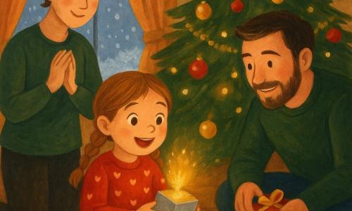 Bambina di 6 anni, occhi nocciola grandi e capelli castano chiaro in due trecce, viso sorridente e meravigliato, con maglione rosso a cuoricini, seduta davanti all'albero mentre apre una piccola scatola argento da cui esce una minuscola scintilla calda; la mamma (circa 32 anni), capelli castani raccolti in uno chignon, viso dolce, è in piedi a sinistra con le mani giunte che osserva teneramente; il papà (circa 35 anni), barba corta e maglione verde scuro, è accucciato a destra mentre posa un piccolo regalo, sorridendo; salotto natalizio accogliente con tappeto beige, albero decorato con palline rosse e dorate, ghirlande e luci calde, finestre appannate e neve fuori; scena principale: la bambina tiene la scatola aperta in grembo e una piccola luce dorata si solleva dolcemente sopra un biscotto a stella, vicino a una campanella e a un fiocco di carta sul tappeto, atmosfera magica con colori caldi e texture tipo gouache.