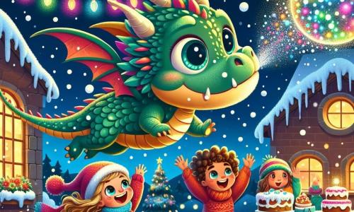 Ilustración que representa a un pequeño dragón con escamas verdes y brillantes, grandes ojos curiosos y una sonrisa alegre. Está volando felizmente sobre un grupo de niños, lanzando burbujas de colores brillantes que iluminan el aire a su alrededor. Un niño de cabello rizado y gran sonrisa, vistiendo un suéter rojo, corre hacia adelante con los brazos abiertos, maravillado por las burbujas. Una niña de ojos brillantes, con una bufanda colorida, levanta los brazos riendo, cautivada por la magia del momento. El lugar principal es un cálido orfanato decorado con guirnaldas luminosas y copos de nieve, con ventanas iluminadas que revelan un ambiente festivo. Afuera, la nieve cae suavemente, cubriendo el suelo con una suave capa blanca. La escena muestra al pequeño dragón y a los niños celebrando juntos la magia de la Navidad, llenos de alegría y emoción, creando recuerdos inolvidables. Elementos gráficos adicionales incluyen pasteles navideños coloridos sobre una mesa, tarjetas de felicitación pintadas a mano y estrellas brillantes en el cielo nocturno, añadiendo una atmósfera festiva y cálida a la escena.