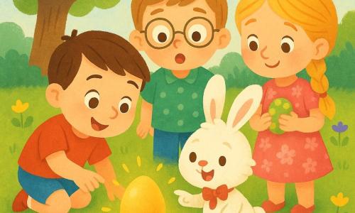 Quattro personaggi: Marco, 4 anni, capelli castani corti, sorriso curioso, maglietta rossa e pantaloncini blu, accovacciato a sinistra mentre tende la mano verso un uovo dorato brillante; Luca, 4 anni, capelli castano chiaro e occhiali tondi, camicia verde a pois bianchi, dietro a destra, stupito; Chiara, 4 anni, capelli biondi lunghi in treccia, vestito rosa a fiori, accanto a Marco, tiene delicatamente un piccolo uovo verde e giallo; un coniglietto bianco dal pelo soffice con fiocco rosso al collo, appena davanti al centro, sorride e indica l'uovo dorato con la zampa. Ambientazione: giardino primaverile luminoso con erba verde, petali gialli e viola, un grande albero sullo sfondo e cielo azzurro con un leggero arcobaleno; composizione centrata sull'uovo dorato su un piccolo colle, atmosfera dolce e magica.