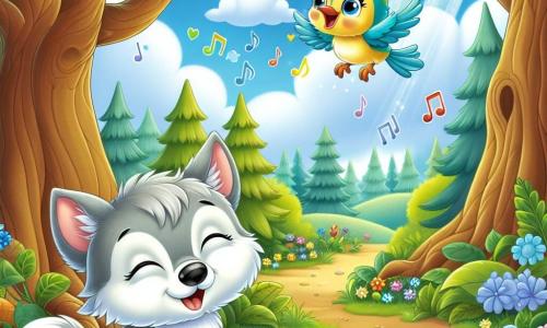 Un piccolo lupo di nome Luca, con un manto grigio chiaro e occhi brillanti come stelle, è seduto sotto un grande albero in una foresta incantata. Sorride gioiosamente, con le orecchie ritte, chiudendo gli occhi mentre immagina un mondo magico. Accanto a lui, un uccellino colorato di nome Pippo, con piume gialle e blu, vola allegramente nell'aria. Pippo ha un'espressione vivace e canta una dolce melodia, fluttuando sopra Luca, creando un'atmosfera di felicità e amicizia. Il luogo è una foresta lussureggiante, con alberi maestosi dalle foglie verdi brillanti, fiori colorati che sembrano danzare al ritmo del vento, e un cielo blu chiaro punteggiato di nuvole bianche e soffici. In questa scena, Luca e Pippo stanno scacciando una nuvola grigia di pensieri tristi cantando insieme, riempiendo l'aria di gioia e musica, mentre la luce del sole filtra tra i rami, illuminando il loro mondo magico.