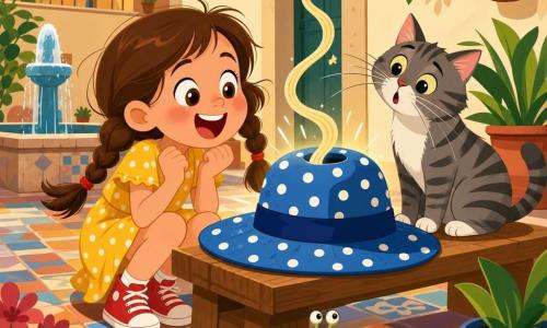 Luna, niña de 6 años, alegre y curiosa, ojos grandes, dos trenzas, vestido amarillo de lunares y zapatillas rojas, se agacha riendo frente a un gran sombrero azul con lunares blancos sobre un banco del patio; el sombrero brilla ligeramente y deja caer un largo fideo que huele a sopa. A la derecha, Don Bigotes, gato atigrado gris y blanco con bigotes largos, inclina la cabeza mirando el sombrero; delante, un caracol verde con concha en espiral de colores se desliza lentamente. Patio soleado con banco de madera, fuente cuadrada, suelo de baldosas coloridas y macetas; escena absurda y divertida.