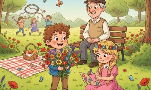 Ein fröhlicher, staunender sechsjähriger Junge mit kastanienblonden Locken und großen glänzenden Augen trägt eine blaue Jacke und hält einen Strauß bunter Wiesenblumen; neben ihm sitzt das sechsjährige Mädchen Lila, lächelnd und konzentriert, mit langen geflochtenen Haaren und Blumenband, trägt einen Blumenkranz und klebt eine rosa Karte; im Hintergrund steht der etwa 70-jährige, faltige, wohlwollende Herr Müller in beiger Hemd und Schirmmütze auf einer Bank und schaut lächelnd zu; der Park ist eine große grüne Wiese mit roten, gelben und violetten Blumen, hellgrünen Bäumen, ein paar bunten Schmetterlingen und einer karierten Picknickdecke mit Korb; Kinder feiern den Frühling, der Junge zeigt stolz seine Blumen, die Szene ist hell und farbenfroh mit sanftem Sonnenlicht und blauem Himmel; visueller Stil: klare Konturen, kräftige kontrastreiche Farben, runde expressive Silhouetten und einfache fröhliche Texturen für Sechsjährige.
