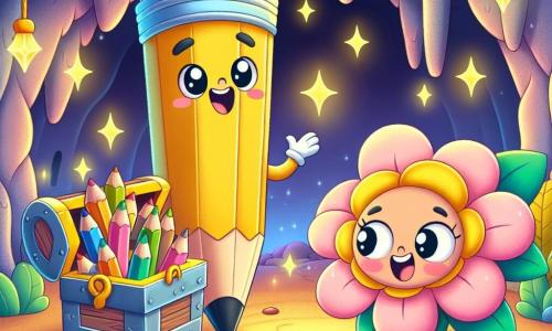 En el centro de la imagen, un pequeño y valiente lápiz amarillo llamado Pipo, con una gran sonrisa y ojos brillantes de emoción, está frente a un cofre dorado reluciente, lleno de lápices de colores mágicos. Pipo lleva una pequeña bufanda azul y parece listo para compartir su descubrimiento con todos. A su lado, una gran flor rosa llamada Rosita, con pétalos suaves y redondeados, mira a Pipo con una sonrisa amable, sus ojos brillando de curiosidad y admiración. En el fondo, la cueva está iluminada por destellos de luz colorida, con paredes adornadas con dibujos de aventuras pasadas y criaturas fantásticas. El suelo está cubierto de pequeñas estrellas brillantes, añadiendo un toque de magia al entorno. La escena principal muestra a Pipo, maravillado, descubriendo el tesoro escondido en la cueva, mientras Rosita lo anima con entusiasmo, creando una atmósfera de alegría y amistad en este lugar encantador.