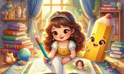 Un libro de páginas coloridas, con una cubierta azul brillante, está abierto sobre una alfombra suave, sus páginas revoloteando suavemente en el aire. La protagonista, una niña de cabello castaño y rizado, lleva un vestido amarillo soleado. Tiene los ojos brillantes de lágrimas, pero una ligera sonrisa se dibuja en su rostro mientras escribe una carta con un lápiz de colores. A su lado, un lápiz amarillo brillante, con una cara sonriente, parece animarla con ojos chispeantes de entusiasmo. Un libro de cuentos, con ilustraciones mágicas, está justo al lado, como un amigo silencioso que la cuida. La escena transcurre en una habitación acogedora, llena de libros coloridos en estanterías de madera, con rayos de luz suave filtrándose a través de una ventana, iluminando la habitación con una atmósfera reconfortante. La situación principal muestra a la niña escribiendo una carta a su abuelo fallecido, rodeada de sus amigos imaginarios, buscando expresar su tristeza mientras celebra los recuerdos felices.