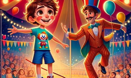 Un niño de 10 años, Juanito, con cabello castaño despeinado y ojos brillantes de alegría, se encuentra en una pequeña plataforma de circo, sonriendo. Lleva una camiseta colorida con motivos de payasos y un short azul, mientras da un paso incierto sobre una cuerda imaginaria, con los brazos extendidos para mantener el equilibrio. Junto a él, el famoso funámbulo, el Señor Rizo, un hombre de unos 40 años con un gran sombrero de copa y un bigote rizado, se balancea graciosamente en la cuerda, luciendo alentador y divertido. Viste un traje a rayas rojas y blancas, y sus ojos brillan de orgullo por su joven amigo. El escenario es una gran carpa de circo de colores vivos, con rayas rojas y amarillas, llena de luces brillantes y espectadores asombrados. Globos de colores flotan en el aire y hay carteles de espectáculos en las paredes. La situación principal muestra a Juanito, un poco nervioso pero decidido, preparándose para caminar sobre la cuerda, mientras el público aplaude y ríe, creando una atmósfera de magia y emoción.