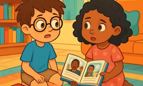 Er zijn 2 hoofdpersonages: - Sam: een 10-jarig jongen met rommelig bruin haar en ronde bril. Hij draagt een blauwe t-shirt en beige shorts. Hij zit op een kleurrijk tapijt, omringd door boeken. - Amina: een 9-jarig meisje met krullend zwart haar en een caramelkleurige huid. Ze draagt een roze bloemenjurk en zit naast Sam, terwijl ze een boek doorbladert. De situatie speelt zich af in een gezellige woonkamer met lichtgele muren. Er is een groot raam dat zonlicht binnenlaat en een zacht tapijt op de vloer. Rijen boeken met kleurrijke kaften en comfortabele kussens zijn om hen heen geplaatst. De hoofdactie van het verhaal toont Sam en Amina die serieus praten over de ongerechtigheden die ze in de boeken ontdekken. Ze wisselen nieuwsgierige en bezorgde blikken uit, omringd door geïllustreerde boeken over historische figuren die tegen racisme hebben gestreden.