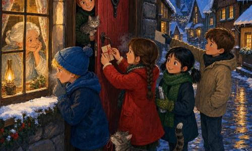 Sieben Figuren: vier Kinder — Lina (9) braune geflochtene Haare, roter Mantel, hält ein kleines Papier an roter Schnur vorn bei der Tür; Jonas (9) blond mit blauem Mütze, flüstert und blickt zum Fenster links von Lina; Mira (9) schwarze Zöpfe, grüner Schal, lächelt und hält eine silberne Thermosflasche neben Jonas; Paul (9) kastanienbraun, beiger Mantel, legt behutsam das Papier rechts hinten ab; der Nachbarsjunge (9) rothaarig, dunkelgrüner Pullover, steht schüchtern im Türrahmen hinter dem Griff und hält eine kleine graue Katze; die Großmutter (~80) mit weißem Haar im hellen Hausmantel sitzt an einer Öllampe sichtbar durch ein kleines Fenster, gerührter Blick; eine getigerte graue Katze reibt ihre Nase an der roten Schnur am Türschwellenrand. Ort: verschneite Dorfgasse bei Nacht, dunkle, nass glänzende Kopfsteinpflaster unter gelben Lichterketten, hölzerne Häuser mit schneebedeckten Dächern, rote Holztür mit Schmiedeeisenschloss, eine kleine Fensterkerze mit blumigen Gardinen wirft warmen Schein auf den Schnee. Szene: die vier Kinder legen einen kleinen, mit roter Schnur gebundenen Zettel an die Tür des alten Heims, die Katze berührt ihn neugierig, der rothaarige Junge erscheint zum Begrüßen, die Großmutter ist gerührt am Fenster zu sehen; die Stimmung ist warm, still und hoffnungsvoll, starkes Gegenlicht von goldenem Innenlicht gegen das kalte Blau der Nacht, sichtbare Texturen: Atemdampf, frische Trittspuren, feuchter Glanz der Pflastersteine.
