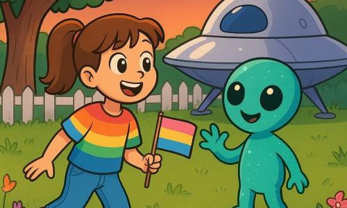 An excited 8-year-old girl with chestnut pigtails, bright wide eyes, in a colorful t-shirt and jeans, holds a small pink-blue-yellow flag planted in the ground and walks toward a bright light at the garden edge; a small friendly alien named Zog, round smooth silhouette, shimmering teal-green skin, three fingers and smiling round eyes, emerges from a silver craft parked in the field behind the garden and waves slightly to the girl's right; a large oak to the left, a small pond with water lilies, wildflowers, green lawn, white picket fence and a house in the background under an orange-pink twilight sky with early stars; the scene focuses on the girl and the alien meeting near the flag in soft warm light, contrasting the craft's shiny metal with the garden's natural textures, creating a happy, curious atmosphere.