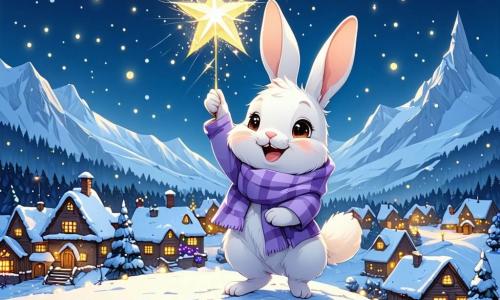 Pippin, a lavender-furred Snuzzlewump with sparkling big eyes, stands joyfully atop a snowy hill, holding the Great Christmas Star that shines with a golden light. His face radiates excitement and determination as he looks down at the village. Beside him, Benny, an adorable little rabbit with big ears and white fur, jumps for joy, his eyes sparkling with enthusiasm. He raises a paw in the air as if to applaud the magic of the moment. The setting is a whimsical winter landscape, with snow-covered fir trees, a starry sky dotted with soft clouds, and the village of Twinkletown illuminated by colorful twinkling lights. The scene captures the moment when Pippin and Benny, filled with joy, have just placed the Great Star atop the Grand Christmas Tree, lighting up the village and bringing the magic of Christmas to all its inhabitants.
