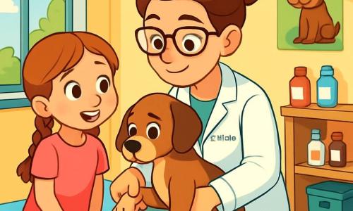 Eine junge Tierärztin, Dr. Anna Müller, ist eine lächelnde Frau mit braunem, hochgestecktem Haar, die einen weißen Kittel und eine Brille trägt. Sie hat einen sanften und entschlossenen Blick, während sie einen kleinen Hund, Max, untersucht, der auf dem Untersuchungstisch sitzt und etwas besorgt aussieht, aber durch ihre Anwesenheit beruhigt wird. Neben ihr beobachtet ein 8-jähriges Mädchen mit Zöpfen, das ein rosa T-Shirt und Jeans trägt, fasziniert mit leuchtenden Augen. Die Szene spielt in einem kleinen Beratungsraum einer Tierklinik, der in lebhaften Farben dekoriert ist, mit Tierpostern an den Wänden und verstreuten Spielzeugen auf dem Boden. Sonnenlicht strömt durch ein Fenster und erhellt den warmen und einladenden Raum. In dieser Hauptsituation untersucht Dr. Anna aufmerksam Max, der eine verletzte Pfote hat, während das kleine Mädchen fasziniert lernt, wie man Tieren hilft.