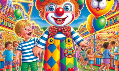 Een 6-jarig jongetje, Tim, staat in het midden van de afbeelding, gekleed in een kleurrijk clownspak met een grote rode neus, een brede hoed met patronen en gigantische schoenen. Zijn gezicht straalt van vreugde en verwondering terwijl hij om zich heen kijkt, met glinsterende ogen van opwinding. 

Naast hem staat zijn vriend Sam, ook een 6-jarig jongetje, die een grote ballon in de vorm van een hond vasthoudt, met een grote glimlach op zijn gezicht. Hij draagt een gestreept t-shirt en een korte broek, en lijkt klaar om plezier te maken. 

Op de achtergrond speelt de scène zich af in een levendig park, vol felle kleuren: spelletjeskramen, fonkelende lichtjes, kinderen die lachen en dansen, en een reuzenrad dat langzaam draait onder een heldere blauwe lucht. 

De hoofdsituatie toont Tim en Sam, verwonderd, midden in het carnaval, omringd door gelach en magie, klaar om samen een onvergetelijk avontuur te beleven.