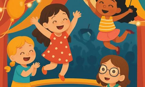 Hay 4 niños: - Ana: una niña de 6 años con cabello largo y castaño, vestida con un vestido rojo con lunares blancos, saltando alegremente en un trampolín con los brazos en alto. - Mia: una niña de 5 años con trenzas rubias, vestida con una camiseta azul y un short amarillo, riendo y aplaudiendo al lado de Ana. - Lía: una niña de 7 años con cabello negro y rizado, lleva una falda rosa y una blusa a rayas, haciendo una pirueta en el aire y sonriendo. - Sara: una niña de 6 años con cabello castaño y gafas, vestida con un vestido verde, sentada en el borde del trampolín mirando a sus amigas con ojos maravillados. El lugar está bajo un gran circo colorido con rayas rojas y blancas, luces brillantes iluminan el espacio y globos de colores flotan alrededor. En el fondo, se ven espectadores entusiastas aplaudiendo y riendo. La situación principal muestra a los niños divirtiéndose juntos, saltando y riendo en el trampolín, mientras un trapecista sonriente los anima a volar por el aire, creando una atmósfera alegre y mágica.